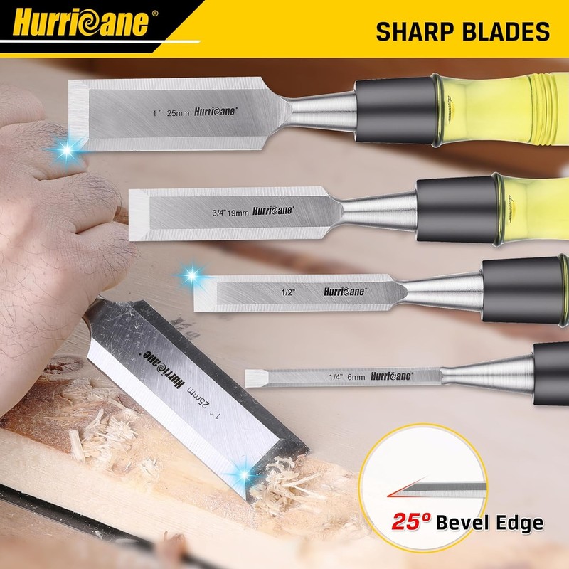 4 Piece Wood Chisel Set for Woodworking, CR-V Steel Beveled Edge Blade, Durable
