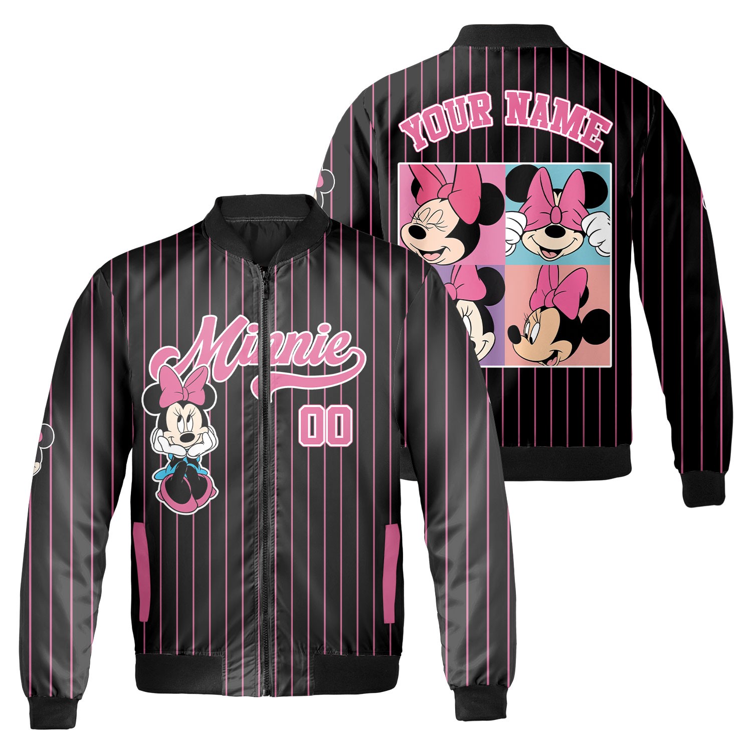 Personalized Minnie Mouse Face Mickey & Friends Black Pink Bomber Jacket