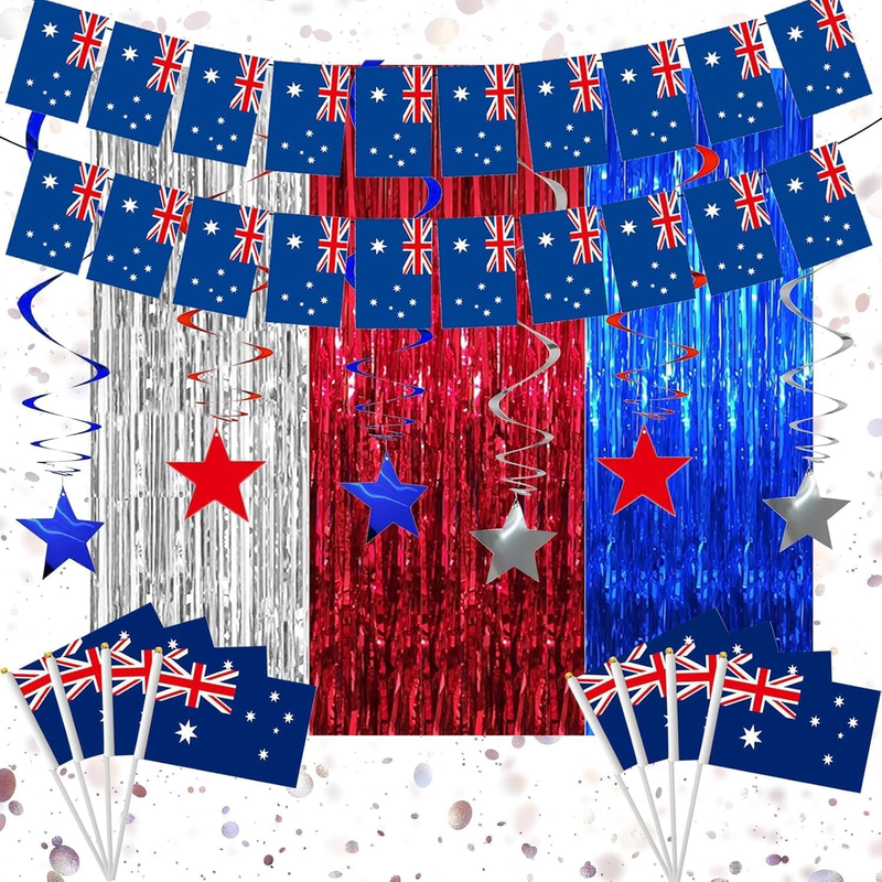 Australian Party Decorations Set, Australian Banner Bunting Hand Held Flags Red