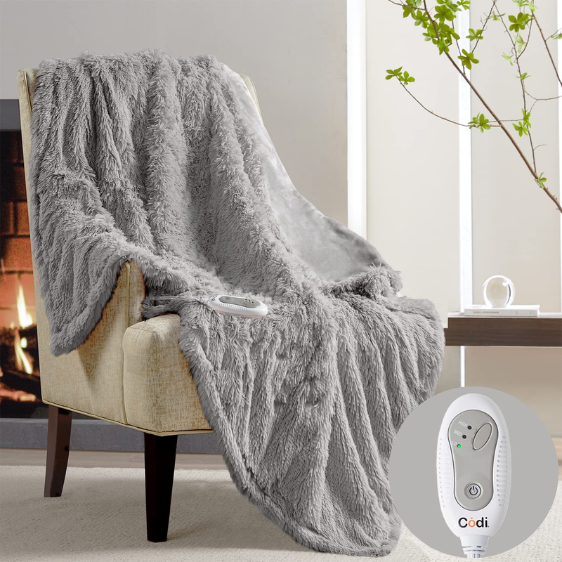 Fuzzy Shaggy Fur Heated Blanket Throw | Grey 50X60 | Super Soft Couch Electric T