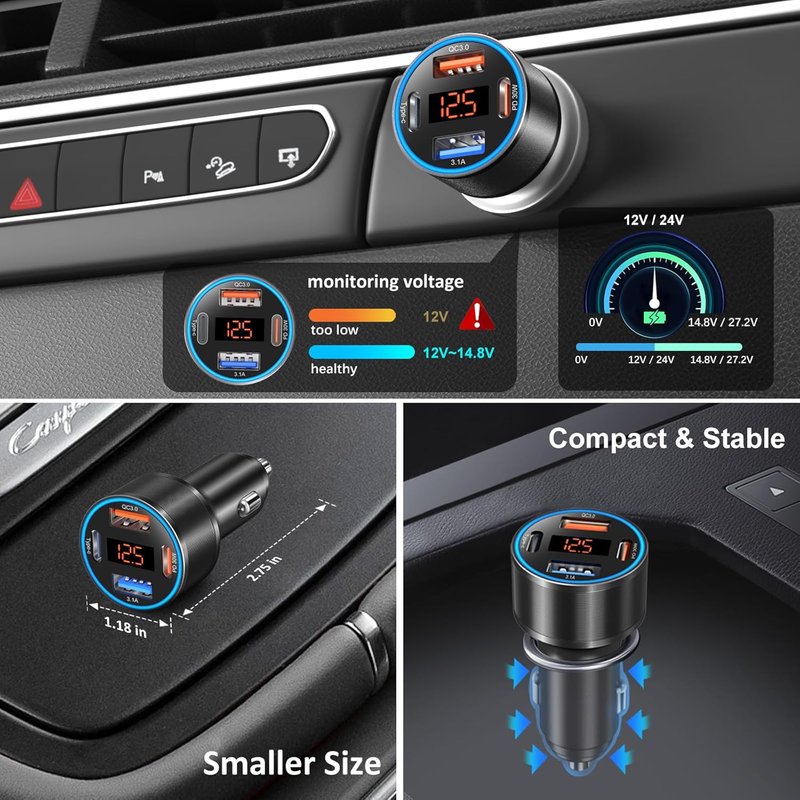 USB C Car Charger,  4-Port 65W Super Fast Car Phone Charger Dual 12V USB-C & USB