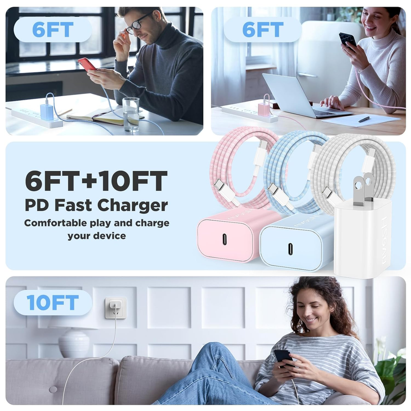for iPhone 15 Chargers Fast Charging,3 Pack 20W USB C Charger Block with 6.6/6.6