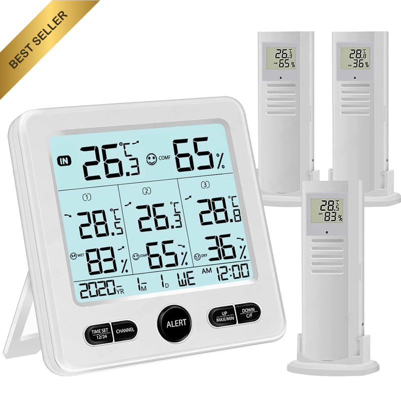 Indoor Outdoor Digital Thermometer Hygrometer with 3 Wireless Sensors, Temperatu