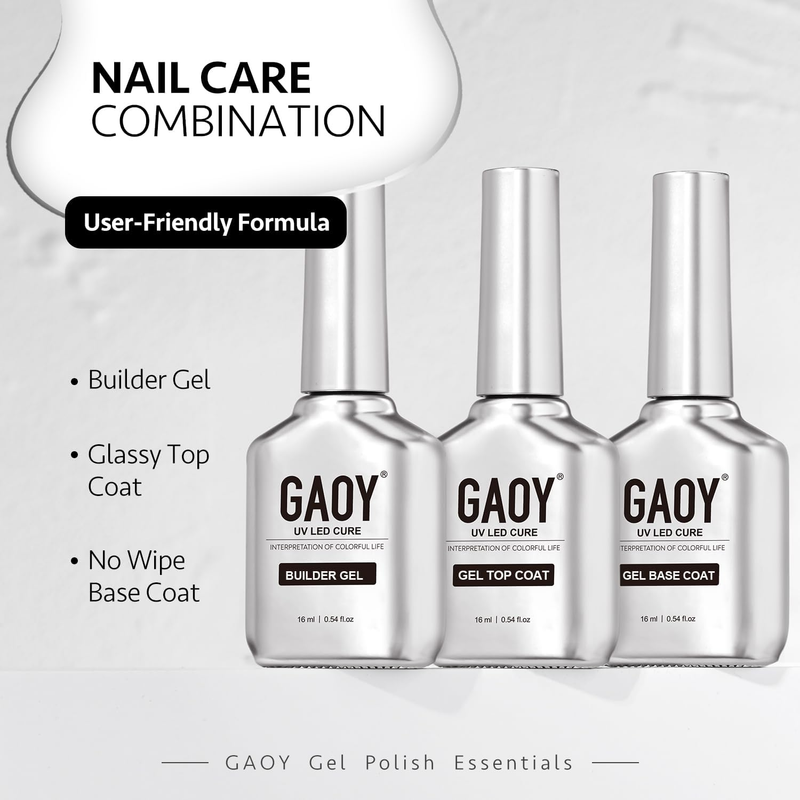 Gel Top Coat, Builder Gel and Base Coat Set, 3 Pcs 16ml Clear Glossy No Wipe Com