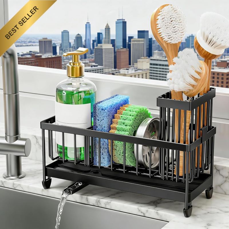 Kitchen Sink Caddy – Rustproof Stainless Steel Sink Organizer with Removable Spo