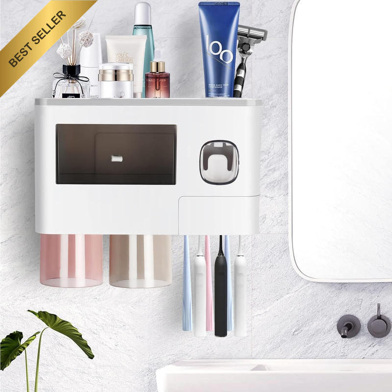 Toothbrush Holder Wall Mounted Automatic Dispenser 2 Cups Drawer