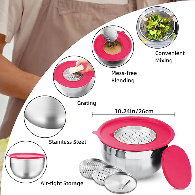 7 Pcs Mixing Bowls with Lids, Stainless Steel Nesting Bowls with 14Pcs Attachmen
