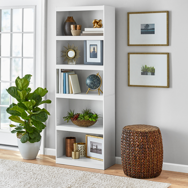 Framed 5-Shelf Bookcase 71&Prime; Tall Adjustable Wood Storage Shelving Wide Bookshelf