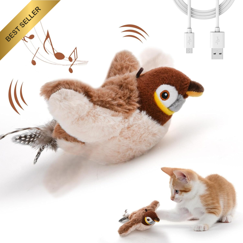 Interactive Cat Toys, Rechargeable Chirping Flapping Bird(No Flying) with Catnip
