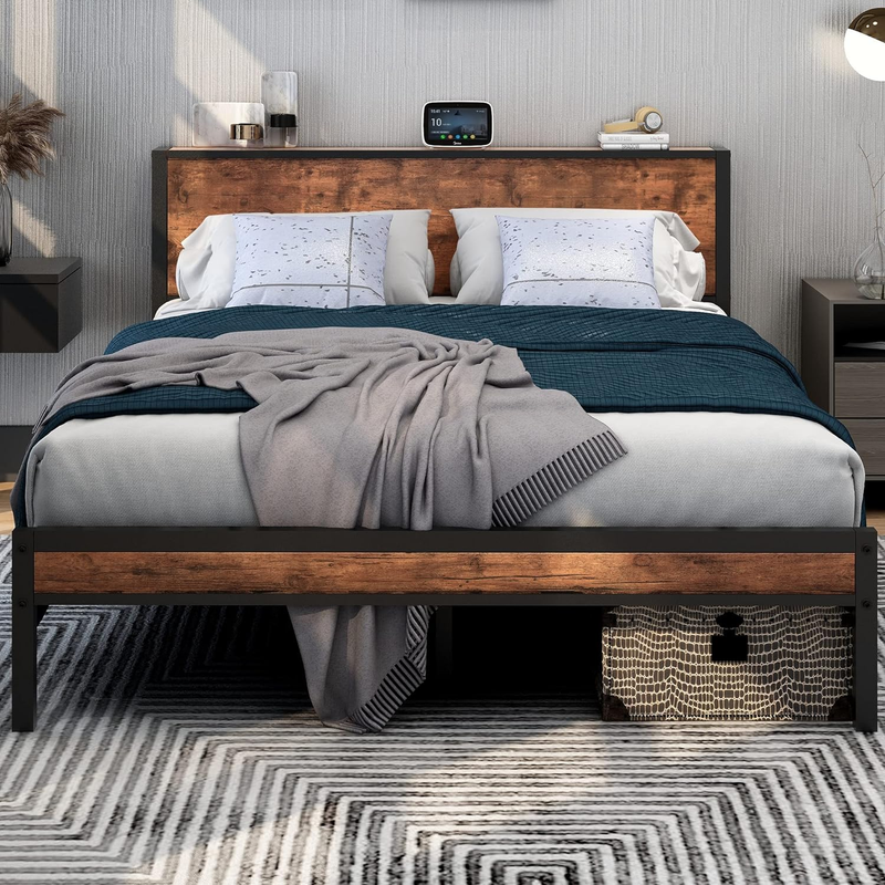 Queen Bed Frame with Wood Storage Headboard, Metal Platform Bed Frame Queen Size