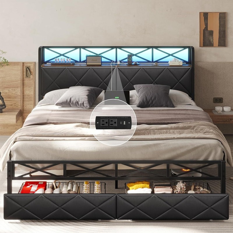 California King Bed Frame with Hidden Storage & Drawers Metal