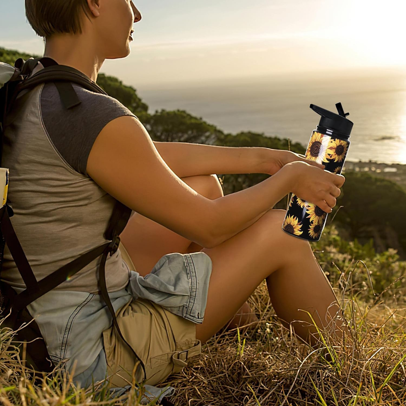 24Oz Sunflower Water Bottle with Straw Stainless Steel Insulated Water Bottles W