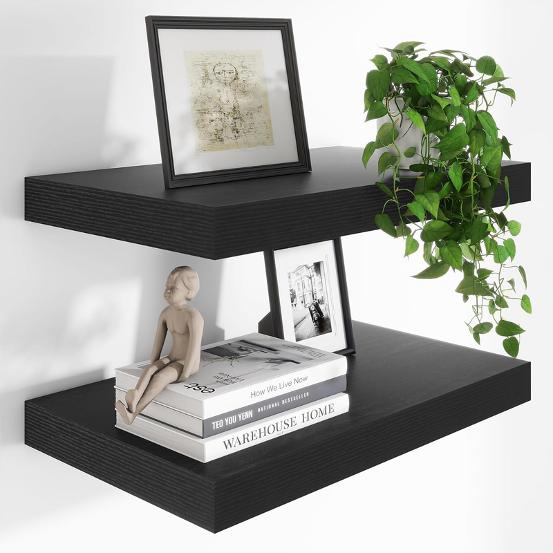 24 X 12 Inch Deep Floating Shelves Wall Mounted with Invisible Brackets,Storage Hanging Shelf for Wall Decor in Bathroom, Bedroom, Toilet, Kitchen, Living Room, Office Set of 2 (Black)
