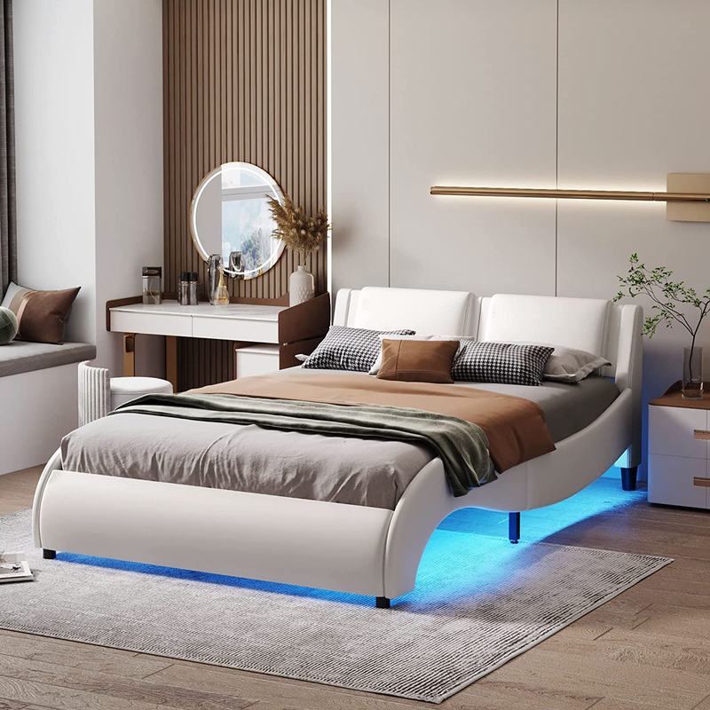 With Headboard And Led Light, Faux Leather Upholstered M