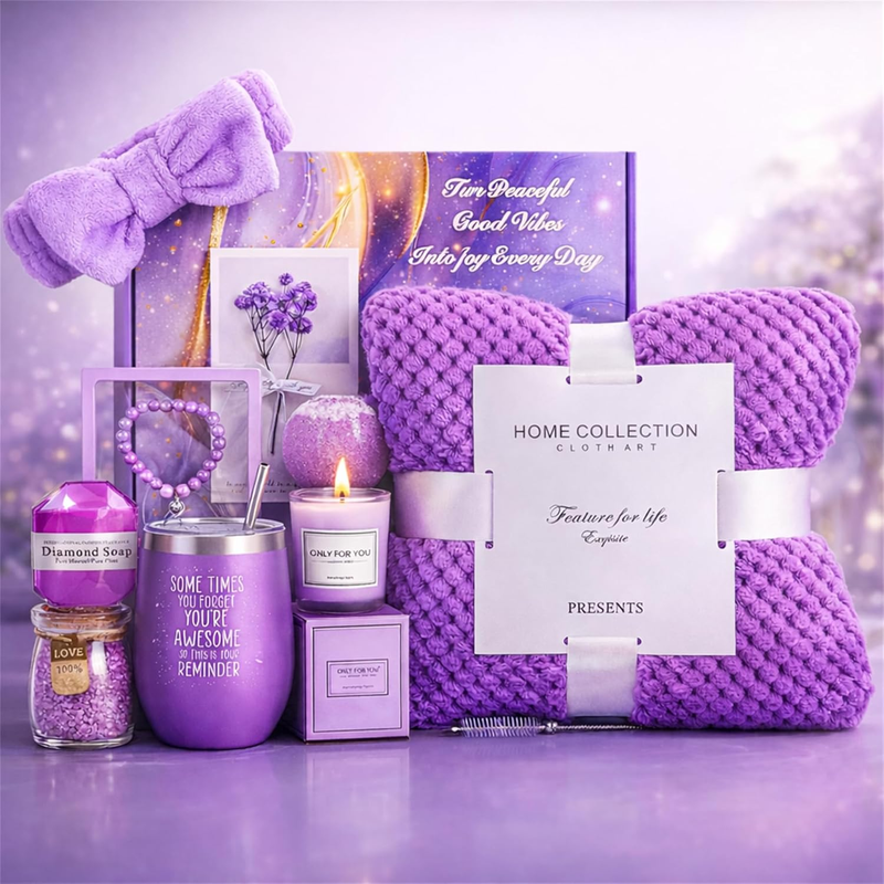 Birthday Gifts for Women,Lavender Spa Gift Set with Cozy Flannel Blanket, Self C