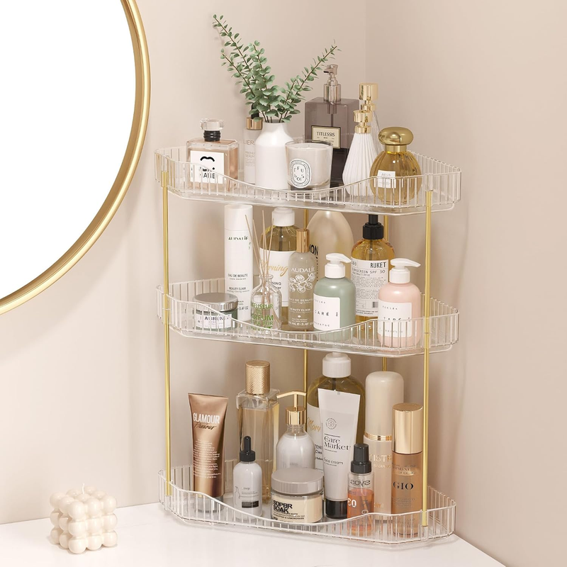 3-Tier Bathroom Organiser Countertop Storage, Plastic Makeup Skincare Organiser,