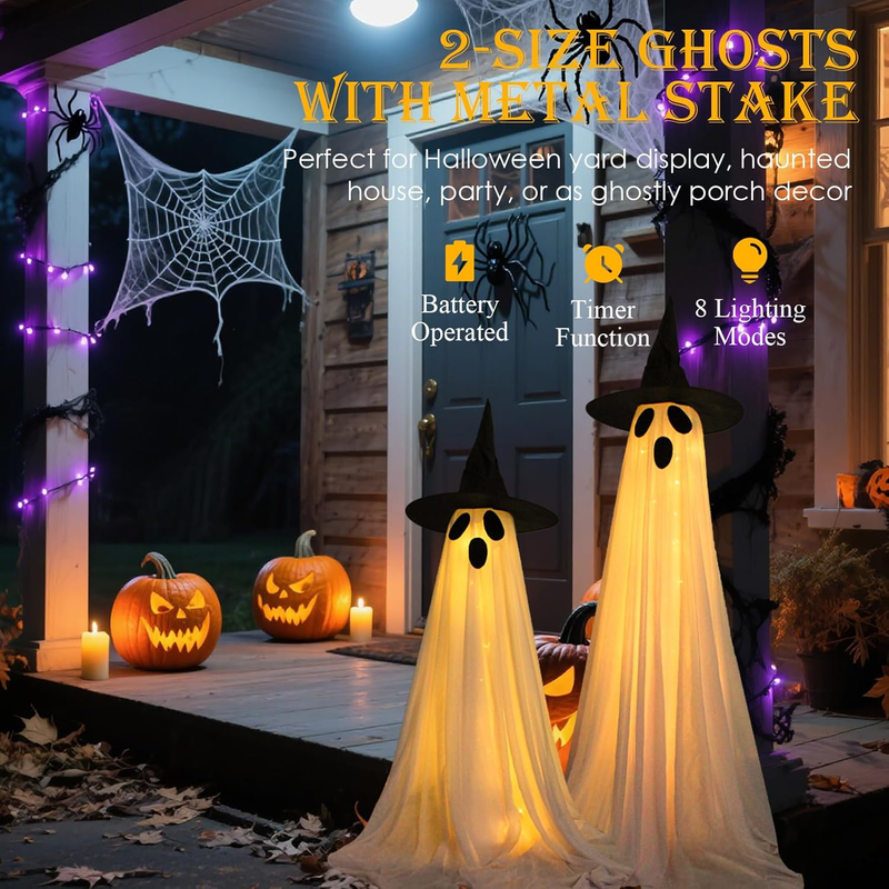 2 Packs Ghost Halloween Decorations Outdoor, Battery Operated Halloween Lights w