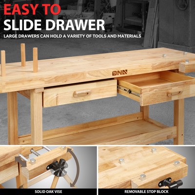 60" x 25" Heavy Duty Oak Workbench Work Table w/ 2 Drawers & Adjustable Handle