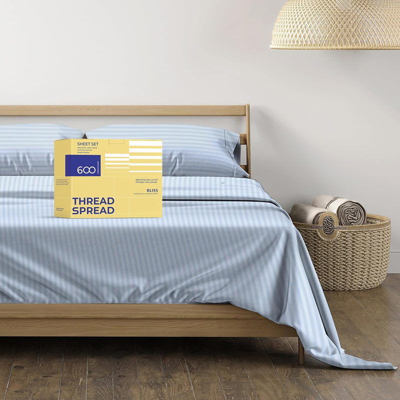 Luxury Egyptian Cotton Queen Stripe Sheet Set, 600 Thread Count Extra Long Staple 4 PC Set, Queen Damask Sheets, Soft, Cooling Sateen Weave Sheets Upto 18
