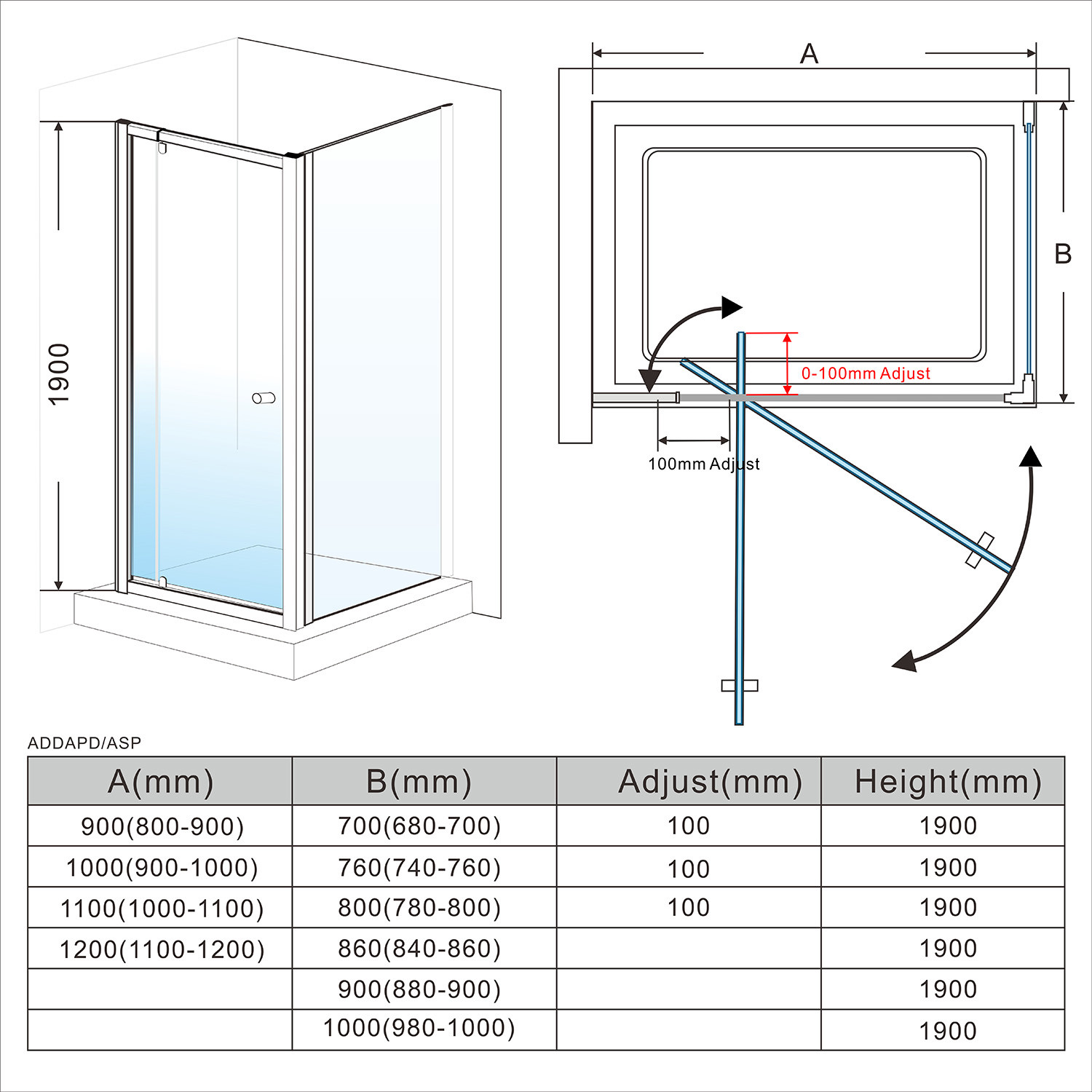 SemiFrameless Adjustable Shower Screen Pivot Door Hinge Optional Base