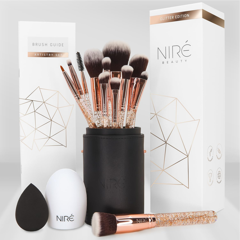 Niré Beauty Vegan Luxury 15-Piece Glitter Rose Gold Makeup Brush Set