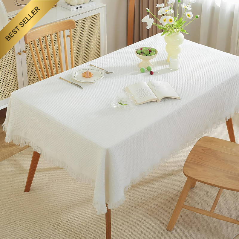 Rectangle Tablecloth for Dining Table, Cotton Table Cover with Tassels for Outdo