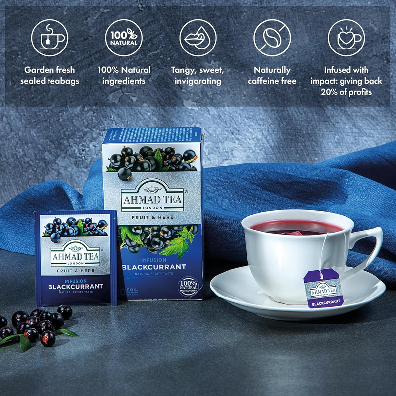 Ahmad Tea Herbal Tea, Blackcurrant Teabags, 20 Ct (Pack of 6) - Decaffeinated &