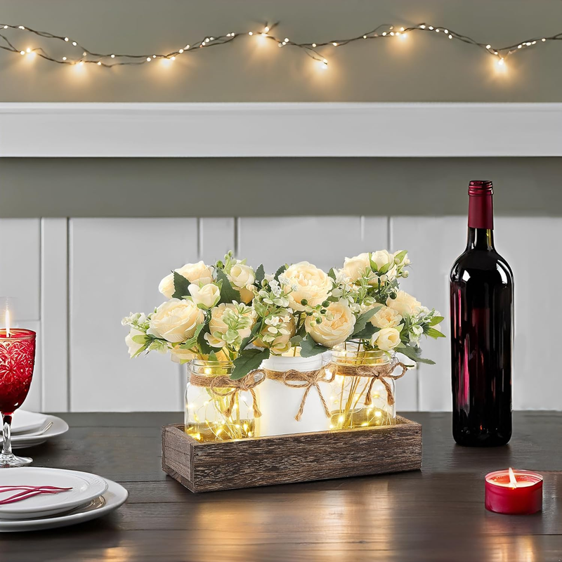 Mason Jar Lights Centerpiece Table Decor for Dining Room Farmhouse Wood Tray wit