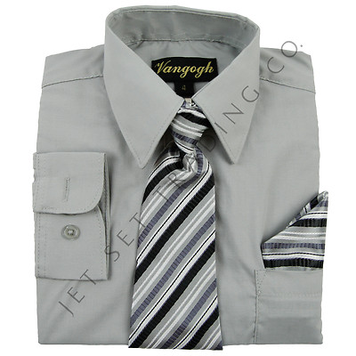 Boys Silver Dress Shirt V2000 with Matching Tie & Hankie