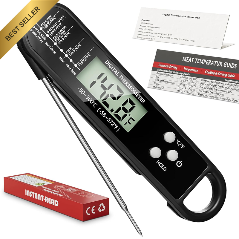 Instant Read Digital Meat Thermometer, -58°F to 572°F Temperature Range, LCD Scr