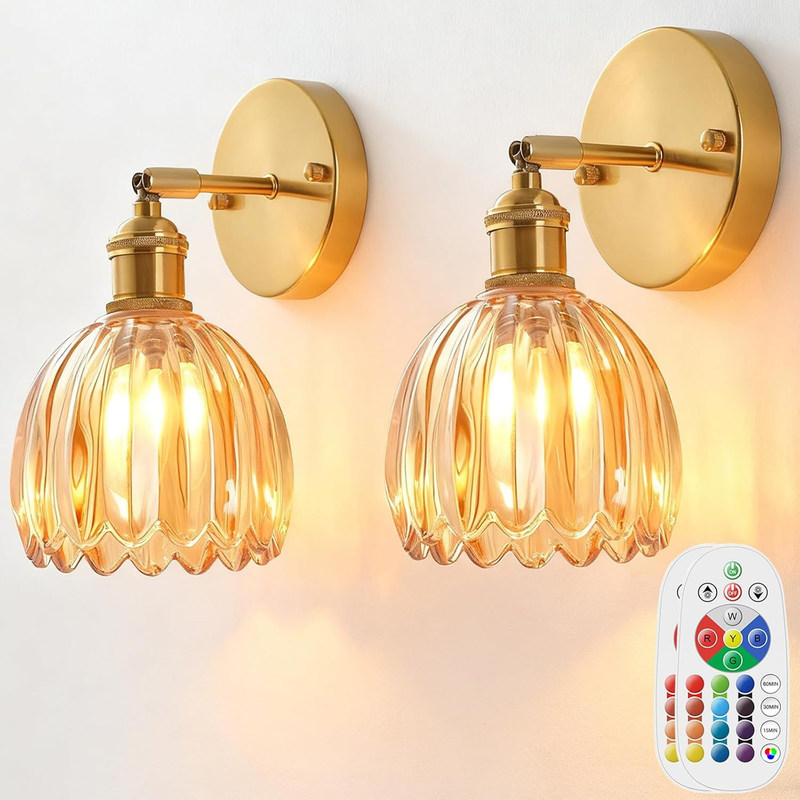 Battery Wall Sconces Set 2 Rechargeable RGB Remote Dimmable Gold Vintage Gift