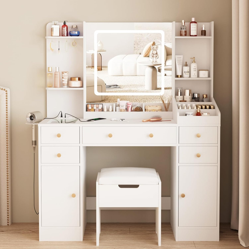Vanity Desk with Mirror and Lights, 5 Drawers Makeup Vanity Table with Storage Chair, 44.9In Big Vanity Dresser 3 LED Lighting Modes,Power Outlet,Bedroom White