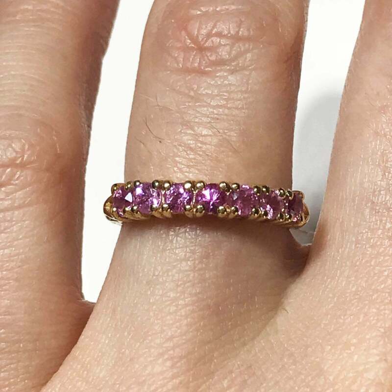 0.77 Ctw Natural Pink Sapphire Solid 14k Yellow Gold 7 Stone Anniversary Ring