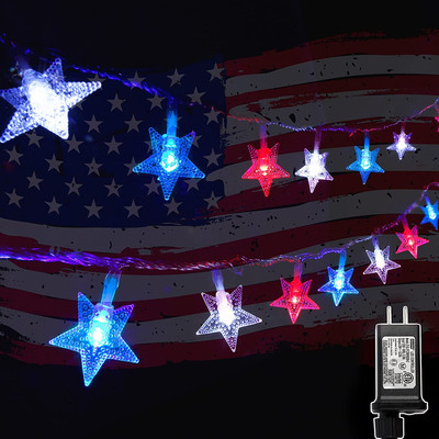 Twinkle 100 LED 49FT Red White Blue Star String Lights, 4Th of July Decoration L