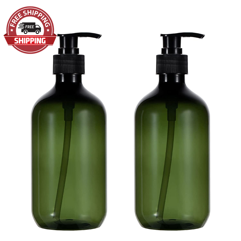 Green Pump Bottle, 2 Pack Shampoo Bottles with Pump, 17Oz Refillable Plastic Soa