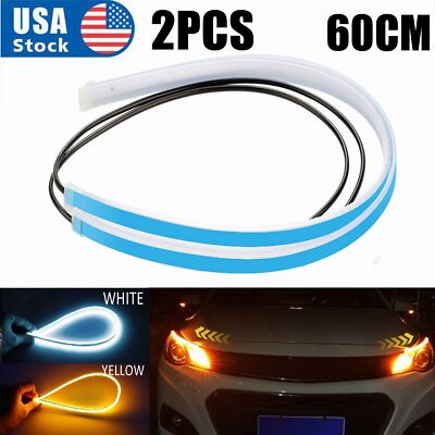 2X 60CM LED DRL Light Amber Sequential Flexible Turn Signal Strip for Headlight