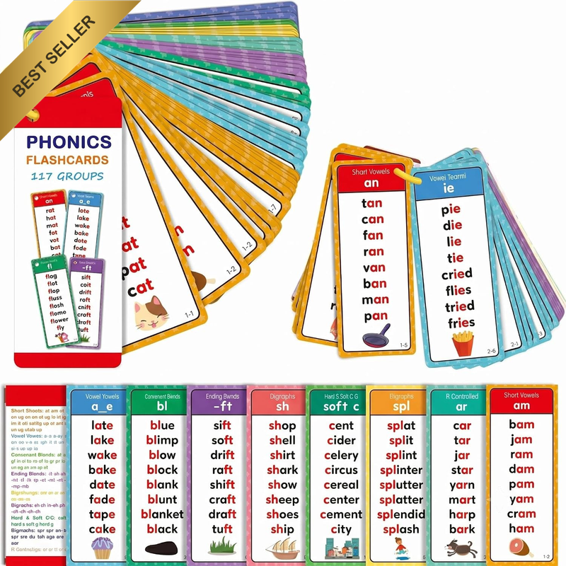 Phonics Flash Cards Word Games - 117 Sound Groups & 900+ Rhyming Words, 60 Pcs D