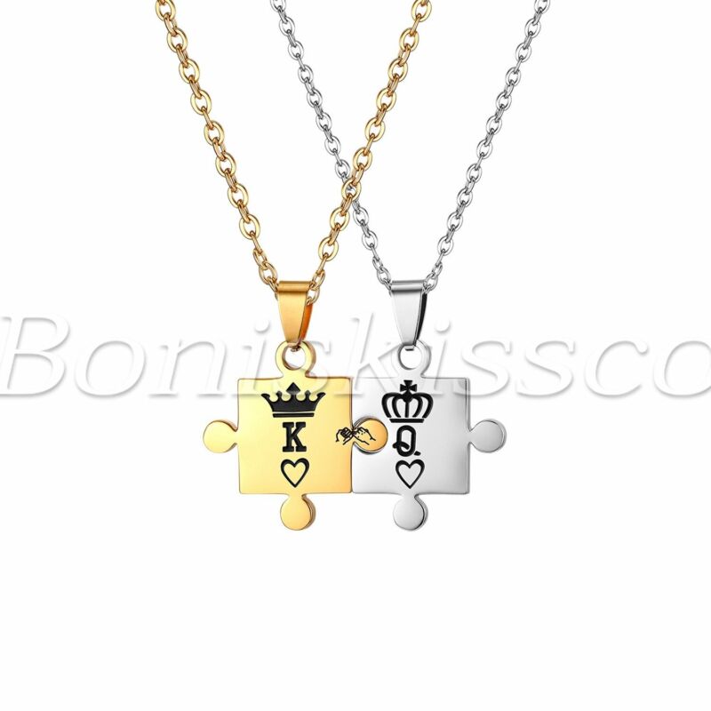 "king And Queen" Crown Stainless Steel Puzzle Couples Pendant Necklace Chain Set