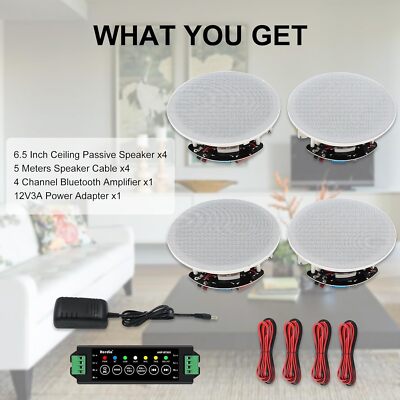 4*Herdio 6.5'' Indoor Ceiling Speaker Bluetooth Wireless Flush Mount Kit For cafe