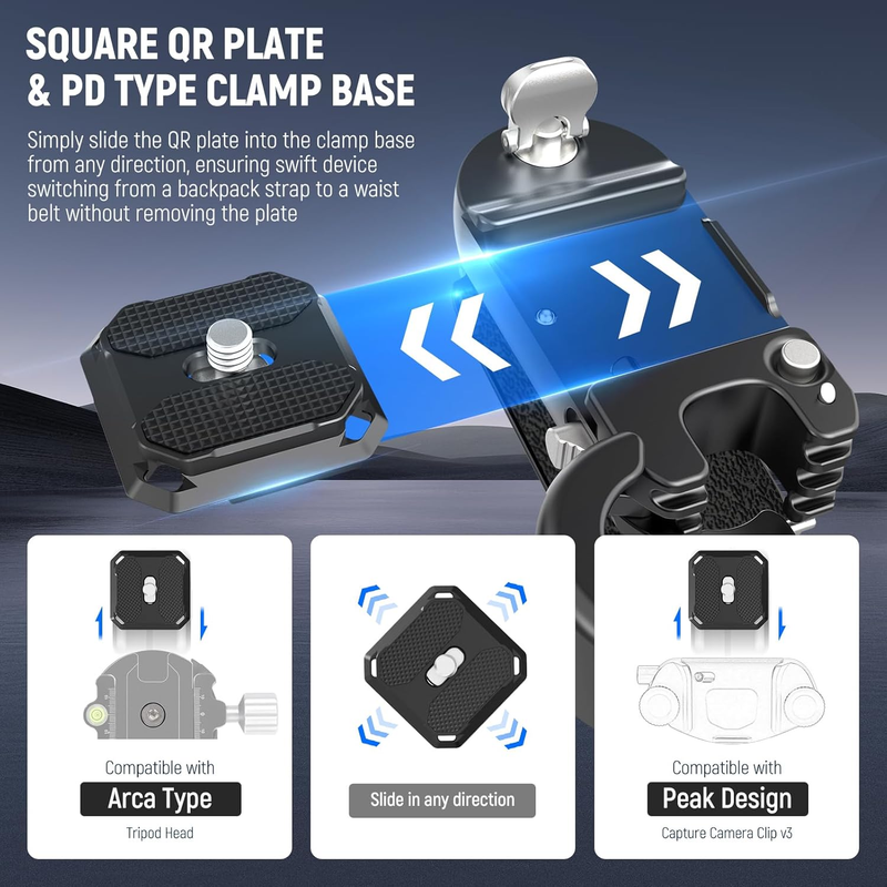 Backpack Camera Clip Mount with Square QR Plate, Upgraded Safety Latch, Quick Re