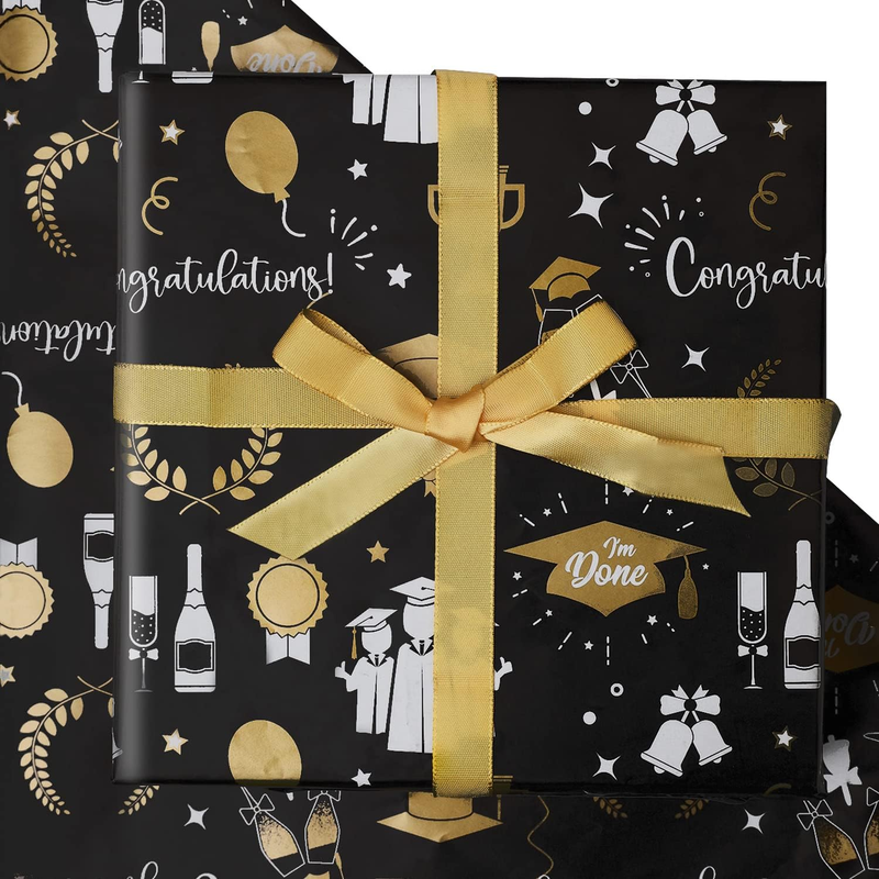 2024 Graduation Gift Wrapping Papers, 6 Sheets Black and Gol
