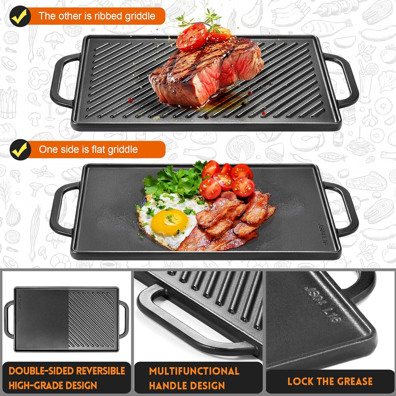GGC Cast Iron Reversible Grill Griddle，Double Sided Grill Pan Perfect for Gas Gr