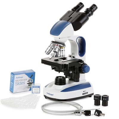 Amscope 40X-1600X LED Compound Advanced Student Microscope+ Slides, Covers +More
