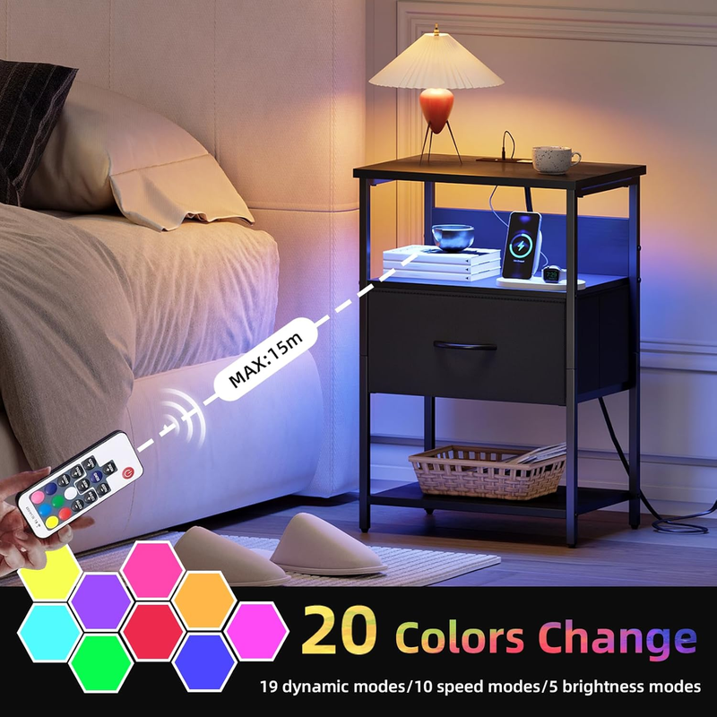 Black Nightstand with Charging Station and LED Light for Bedroom, Bedside Table