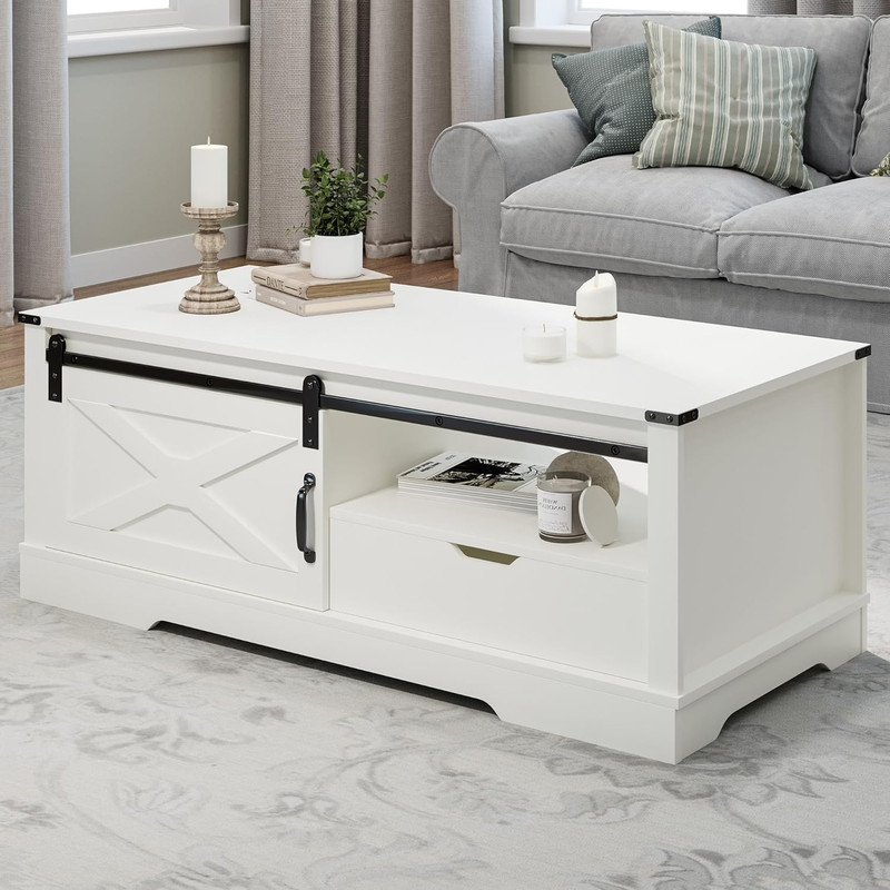 Farmhouse Coffee Table with Storage and Sliding Barn Door, 48''