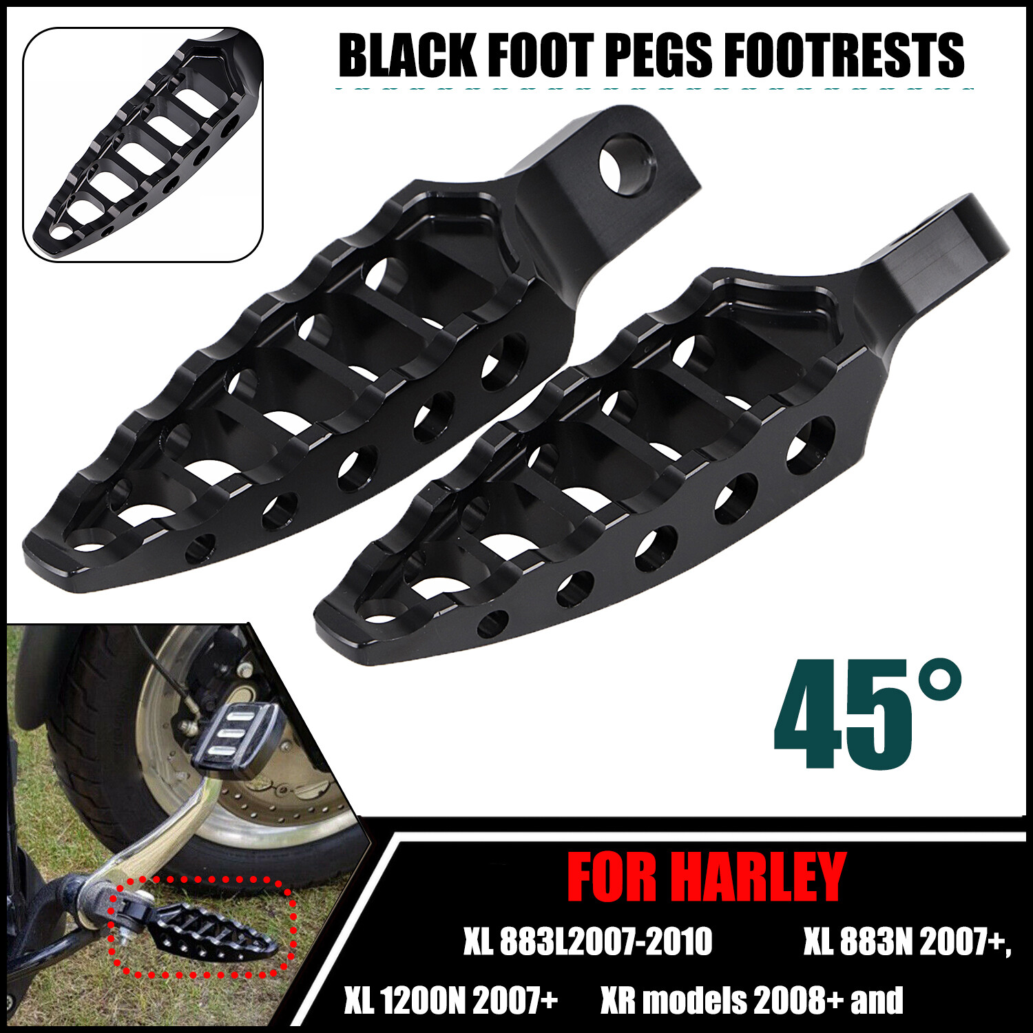 Pair CNC Black 45° Male-Mount Foot Peg Footrest Pedals for