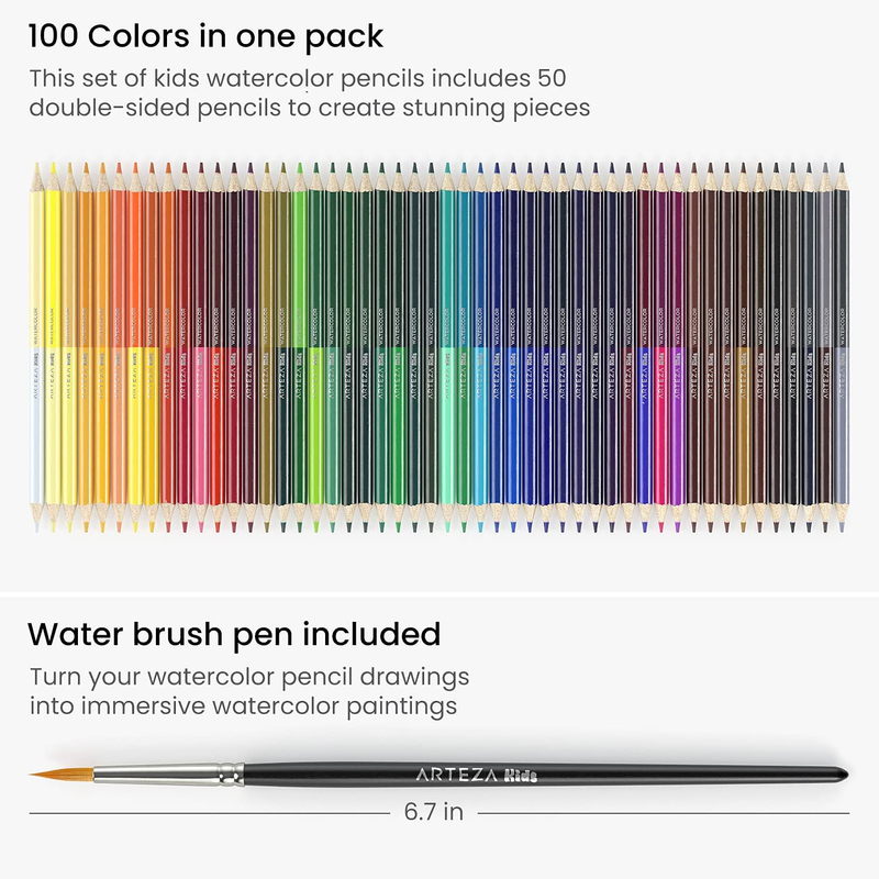 Kids Watercolor Pencils, 100 Colors, 50 Double-Sided Pencil Crayons with Nylon W