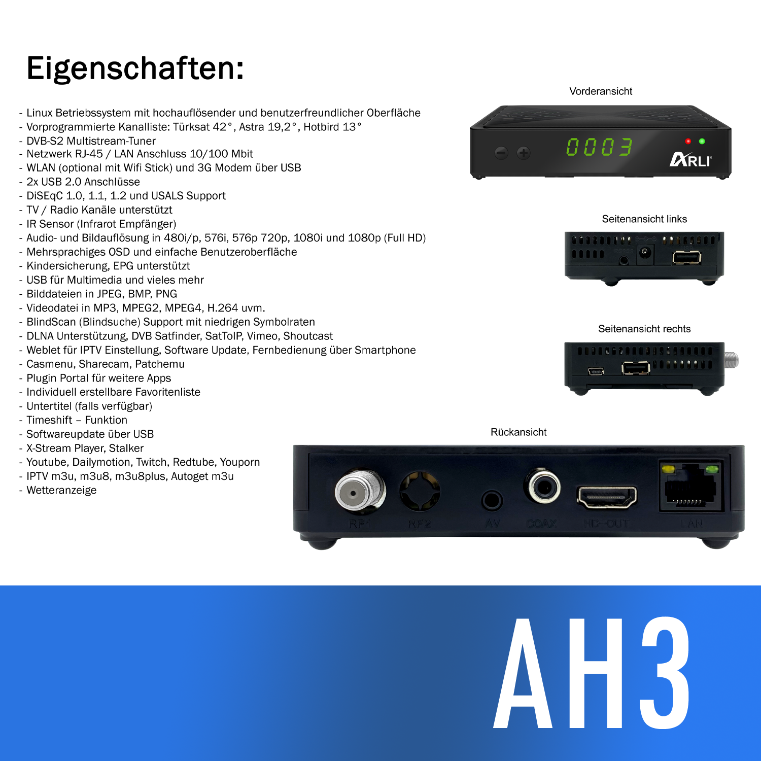 HD Sat Receiver IPTV mini Box IP TV Web Player Linux LAN USB Multimedia ARLI AH3