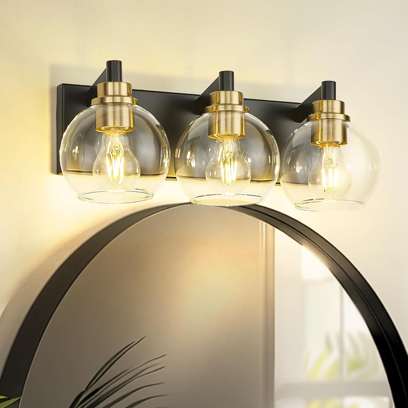 Bathroom Light Fixtures, 3-Light Black and Gold Bathroom Vanity Light, Modern Wall Sconces with Globe Clear Glass Shade, Vanity Lighting Fixtures over Mirror, VL195-KG-3