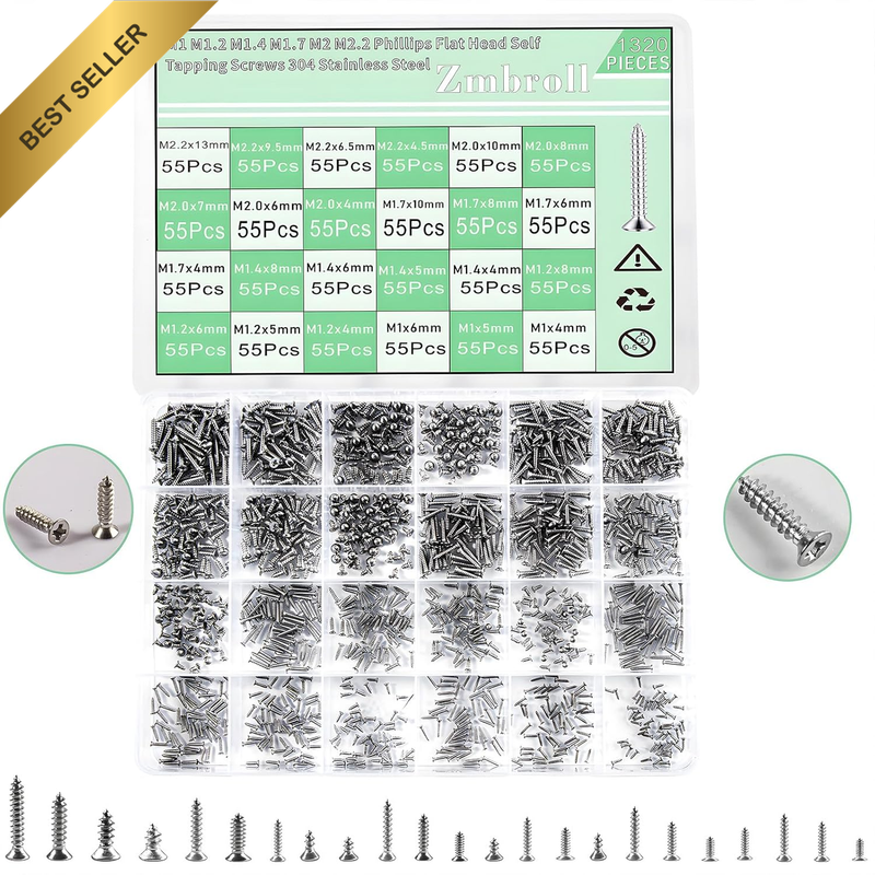 Flat Head Self Tapping Screws 1320Pcs Small Screws 304 Stainless Steel M1/1.2/1.